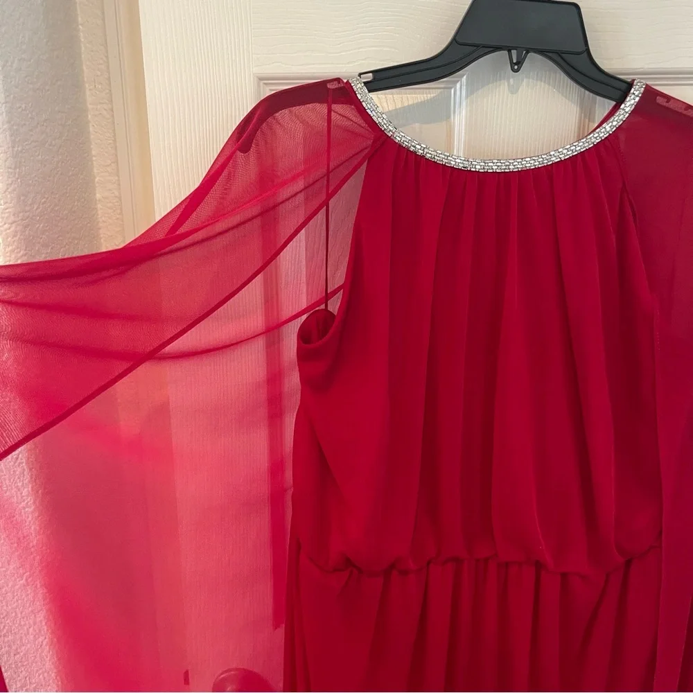 R&M Richards Sheer Cape Vibrant Red Dress with Embellished Trim